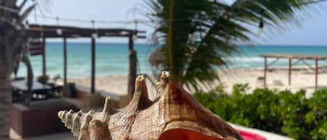 On the beach, sun-loungers, beach towels