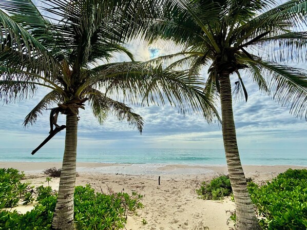 On the beach, sun-loungers, beach towels
