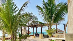 A beachside resort with a thatched-roof structure, palm trees, and a stone pathway leading to a seating area by the water.