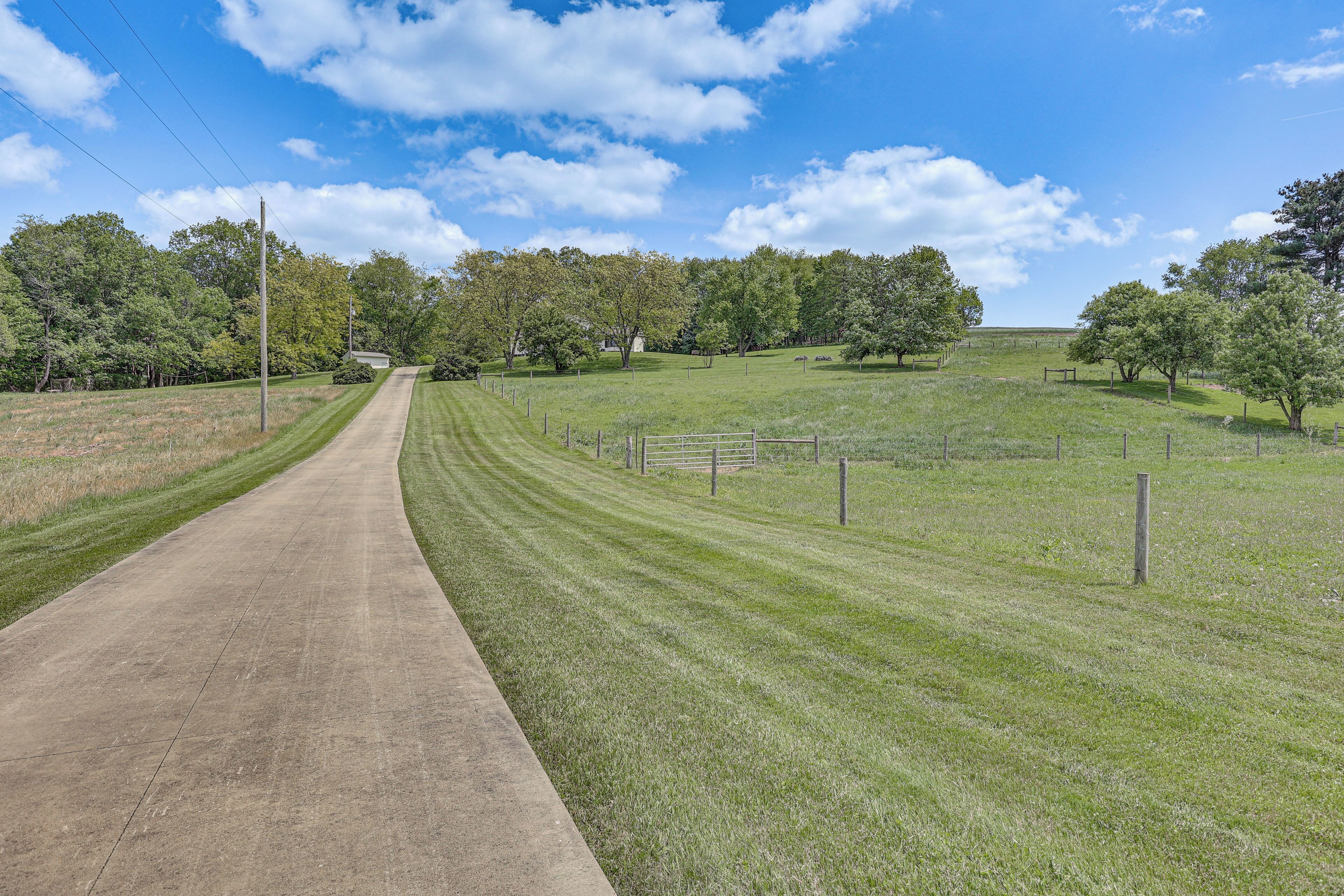 A rural road flanked by grassy fields and trees, leading to a distant building.