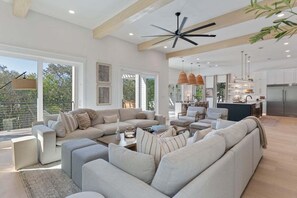 Smart TV, fireplace, books