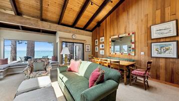 TV connectée, cheminée, lecteur de DVD, livres