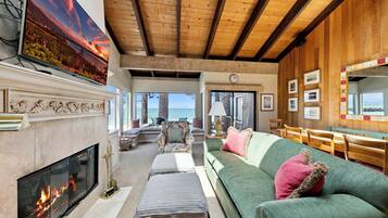 TV connectée, cheminée, lecteur de DVD, livres