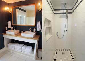 Regadera, toallas, jabón, papel de baño 