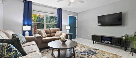 Télévision, cheminée, espaces bureaux