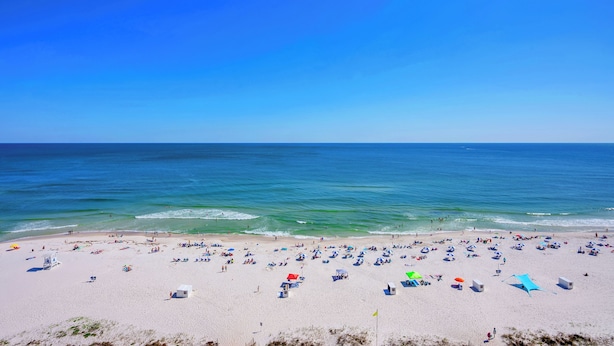 A beach with numerous umbrellas and beach chairs, a clear blue sky, and calm sea.
