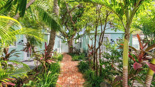 A brick pathway leading to a light blue building surrounded by lush greenery and palm trees. - ~ROYAL POINCIANA COTTAGE~ Come and indulge yourself in some KW sunshine! (Key West)