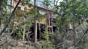A wooden structure with multiple levels, surrounded by dense foliage.
