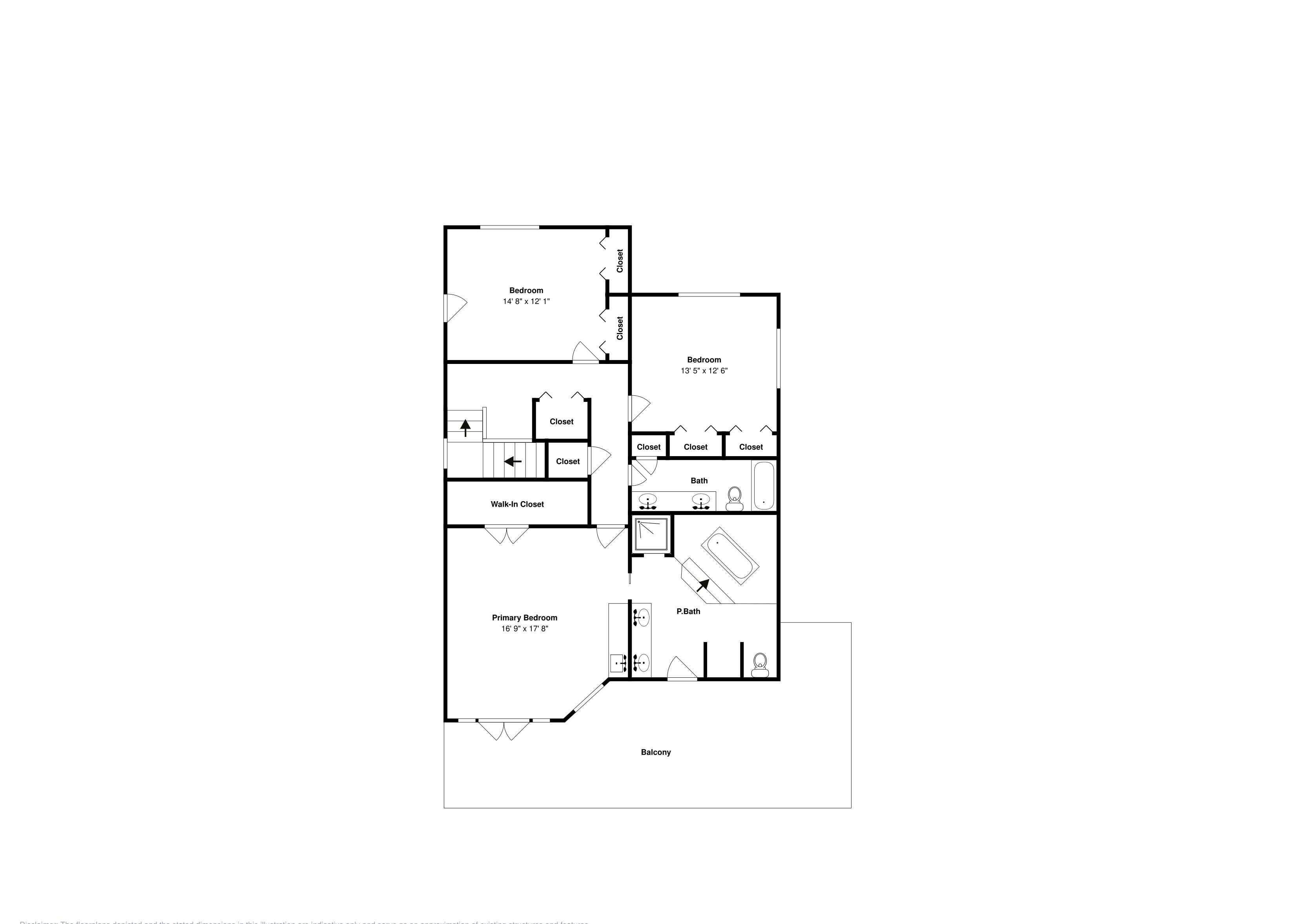 A floor plan of a hotel with a primary bedroom, secondary bedroom, walk-in closet, and a balcony.