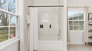 Hair dryer, towels, soap, shampoo