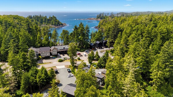 An aerial view of a lodge surrounded by dense forest, with a view of the ocean and rocky coastline.