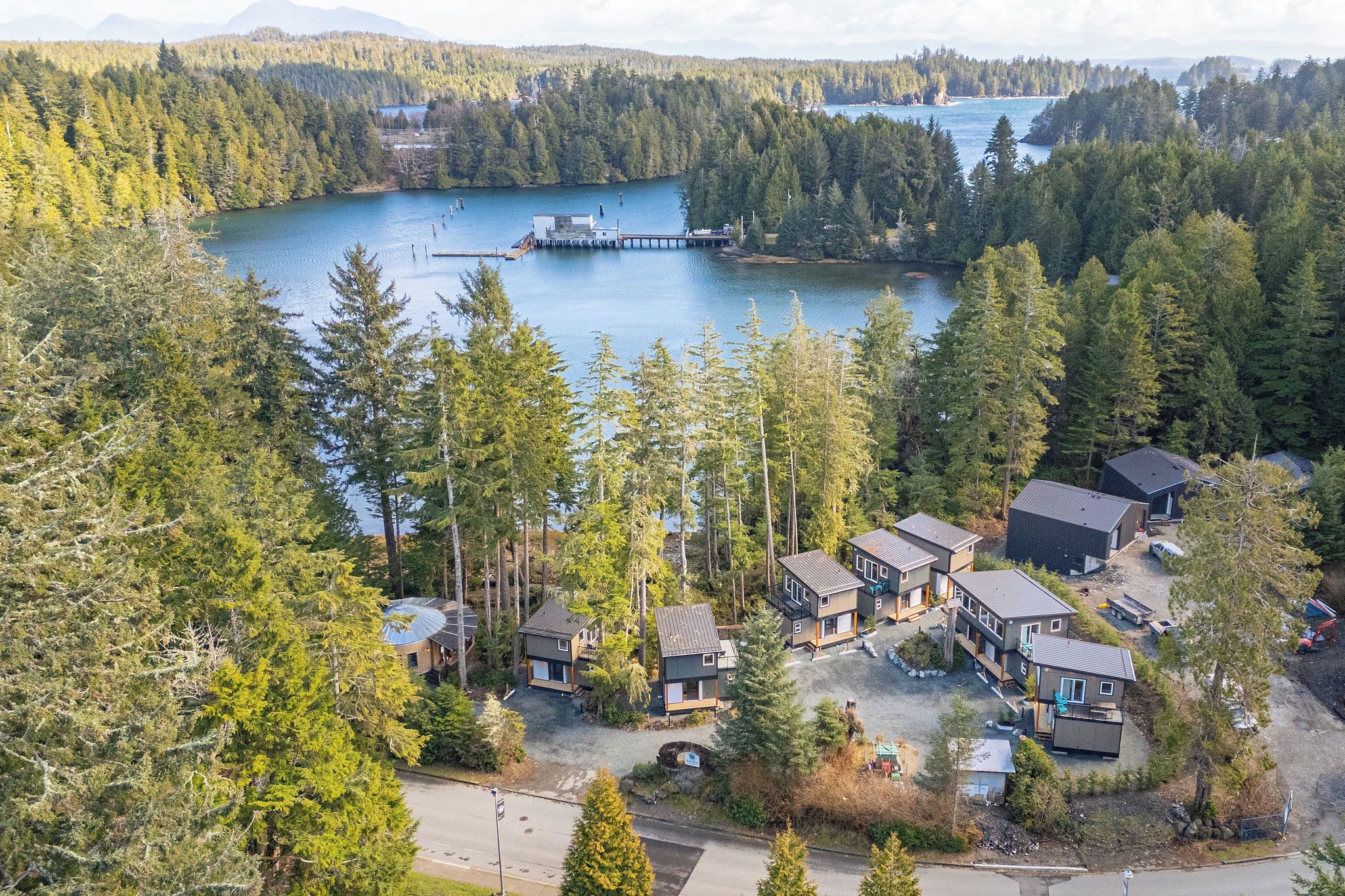 A residential area with multiple houses surrounded by dense forest, a dock extending into a lake, and a clear view of the surrounding mountains.