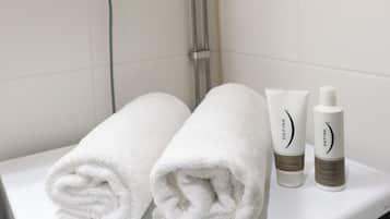 Hair dryer, bidet, towels, soap