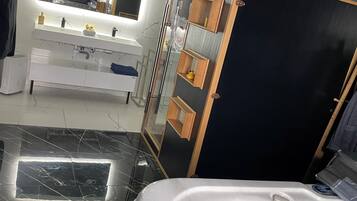 Hair dryer, towels, soap, toilet paper