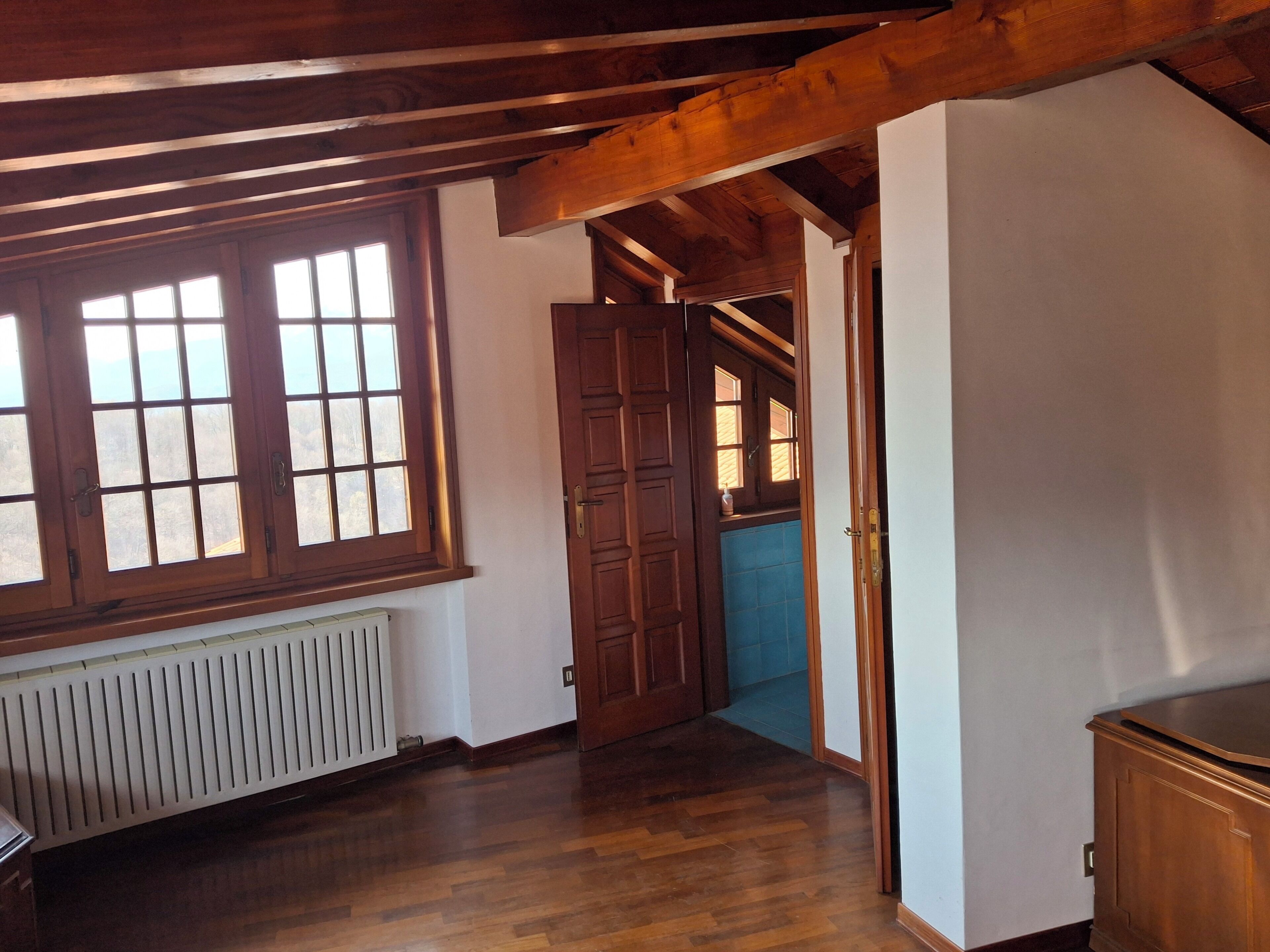 A room with wooden beams, a radiator, a wooden door, and a blue wall.