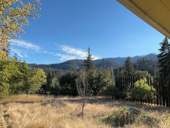 A view of a forested area with a house in the foreground and mountains in the background.