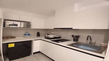 Fridge, microwave, stovetop, electric kettle