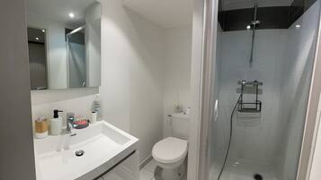 Shower, towels, soap, toilet paper