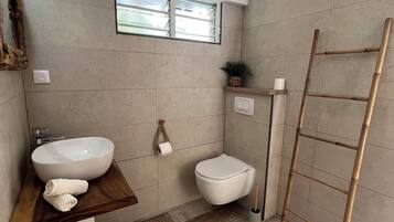 A bathroom with a large sink, toilet, and a wooden ladder.