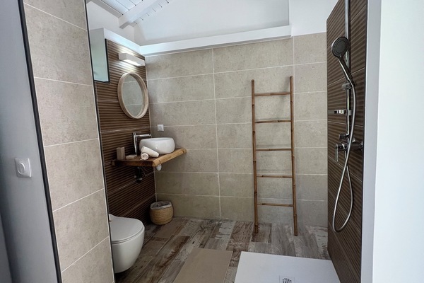 Habitación Confort, vista a la alberca | Baño | Regadera, secadora de cabello, toallas, jabón