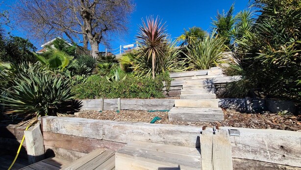 A wooden staircase surrounded by various plants and trees. - Spacious house with garden and pool (Arcachon)