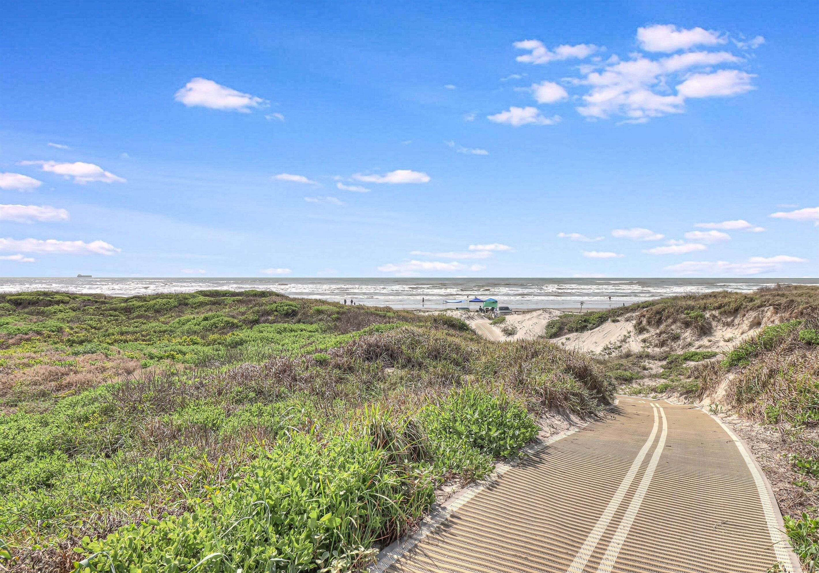 Un sendero costero que lleva a la playa, con dunas y vegetación.