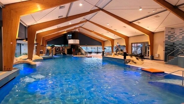 Una piscina interior con techo alto y vigas de madera, rodeada de paredes con un diseño pixelado.