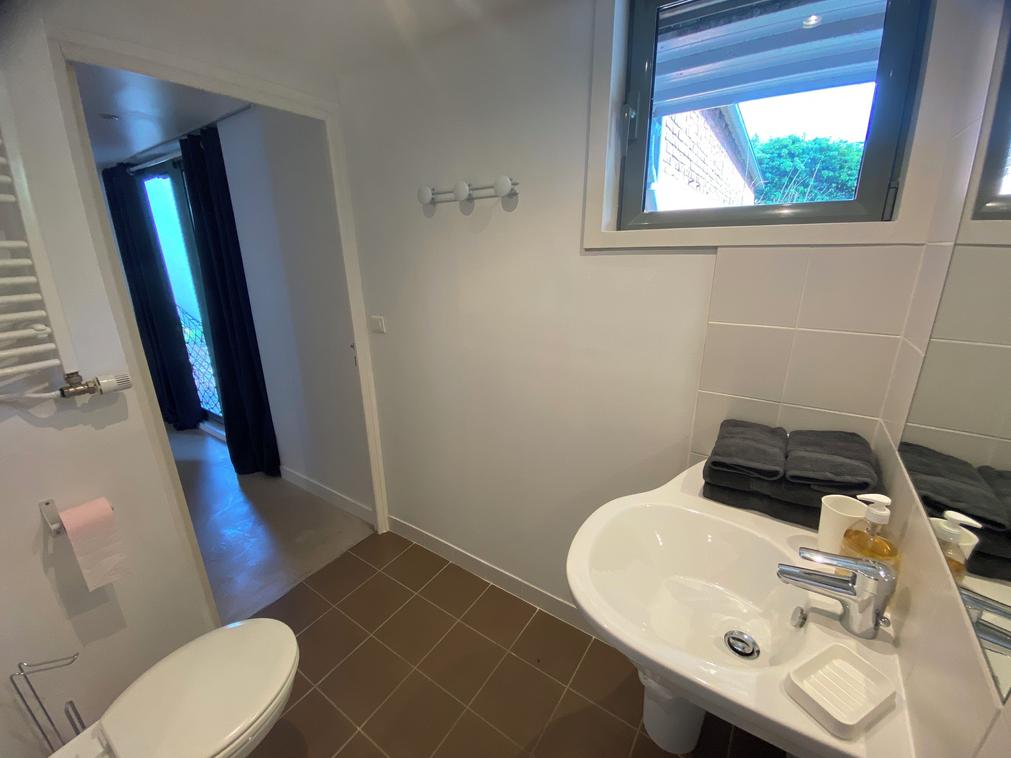 A bathroom with a toilet, sink, and window.