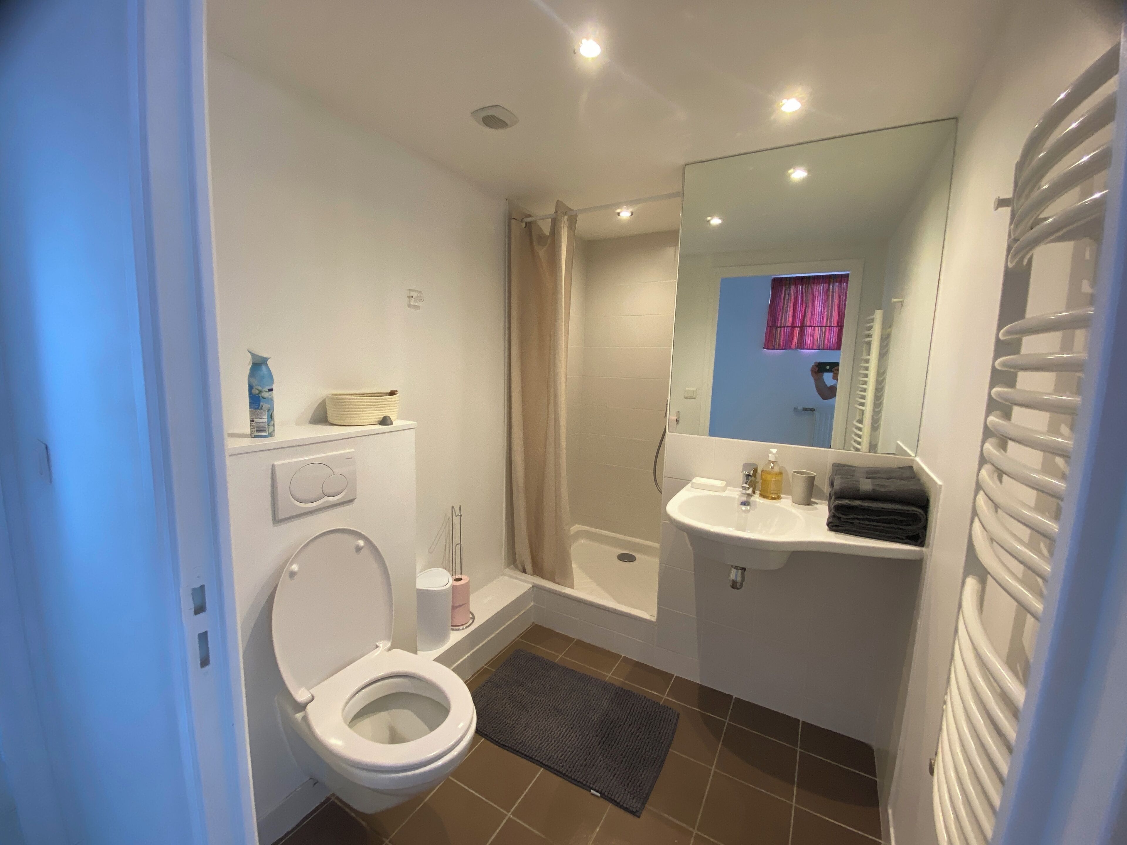 Une salle de bain moderne équipée de toilettes, d’un lavabo, d’une douche et d’un miroir.