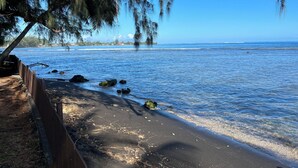 Una playa con agua azul cristalina, un camino de madera y árboles.