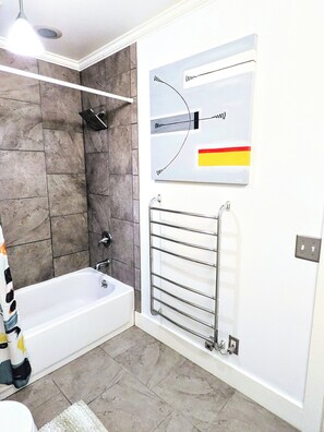 Hair dryer, towels, soap, shampoo