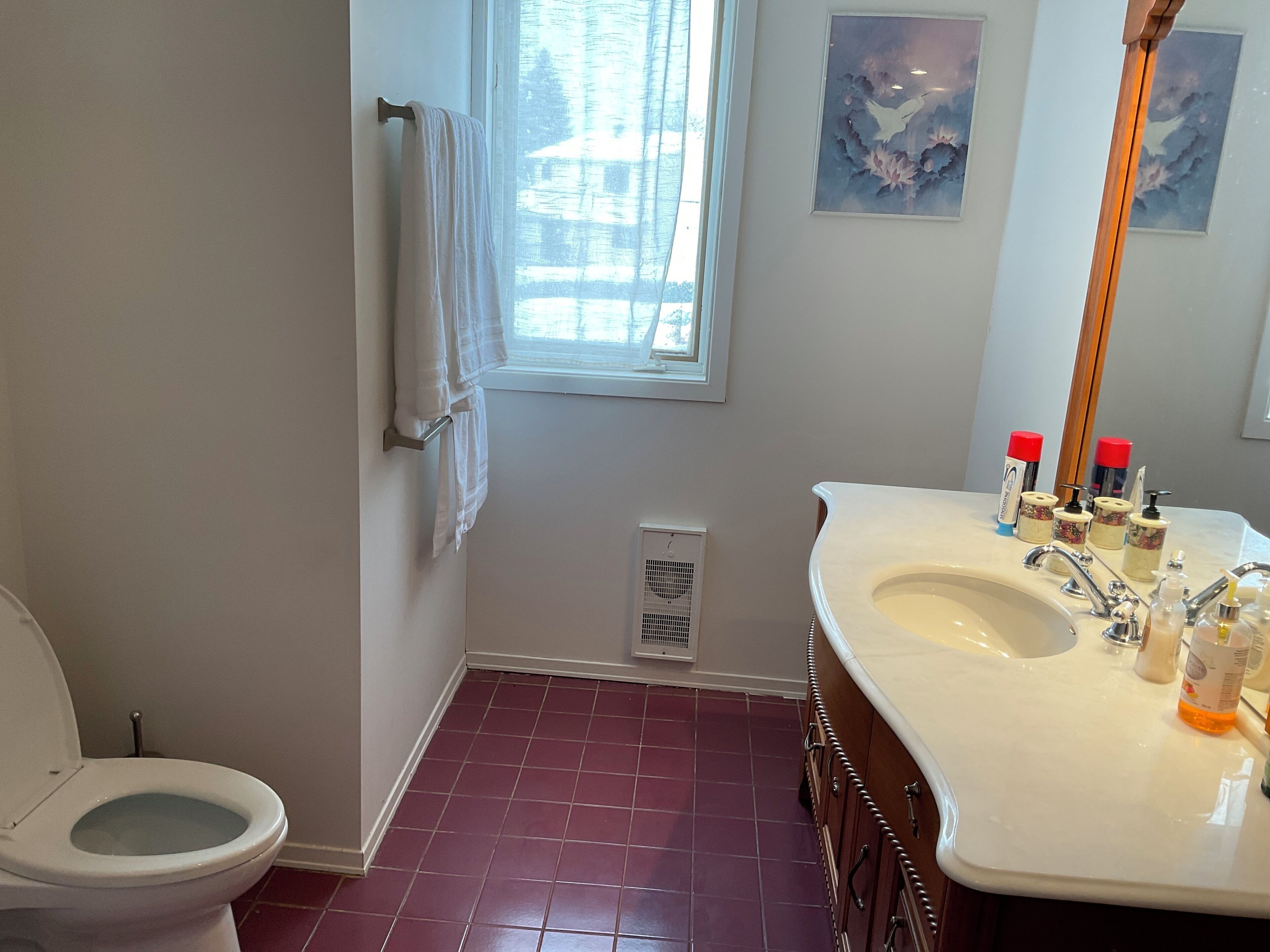 A bathroom with a white toilet, a sink with a mirror, and a window.