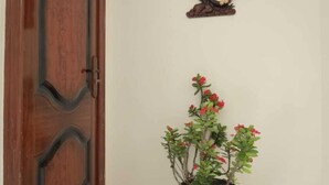 Una puerta de madera, un reloj en la pared y una planta en maceta con flores rojas.