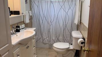 Hair dryer, towels, soap, toilet paper