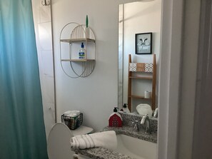 Douche, sèche-cheveux, serviettes fournies, savon
