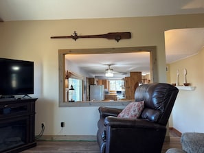 Smart TV, fireplace, DVD player, books