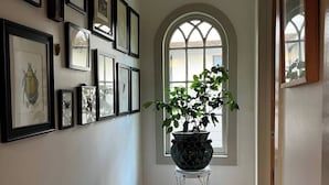 A hallway with framed insect illustrations on the wall, a large arched window, and a potted plant on a small stool. - Historic 3-bedroom home in beautiful Athens. Walkable to town and Campus. (Athens)