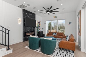 Smart TV, fireplace, foosball, table tennis