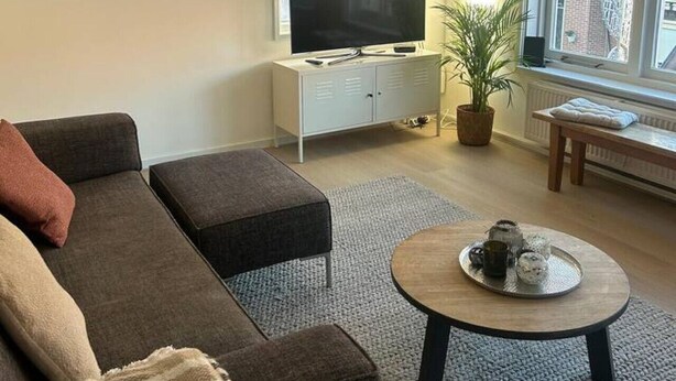 A modern living room with a sofa, a coffee table, a TV, and a painting on the wall. - Holidayhome De Molen (Noordwijk)