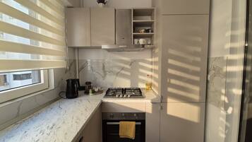 Kühlschrank, Ofen, Herdplatte, Wasserkocher mit Kaffee-/Teezubehör