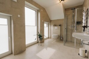 Shower, hair dryer, towels