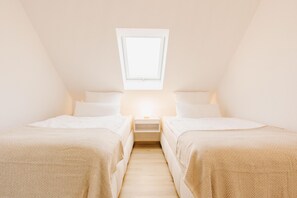 A bedroom with two beds, a nightstand, and a skylight.