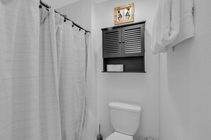 Hair dryer, towels, soap, toilet paper