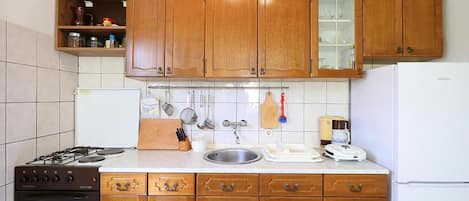 Fridge, oven, stovetop, cookware/dishes/utensils