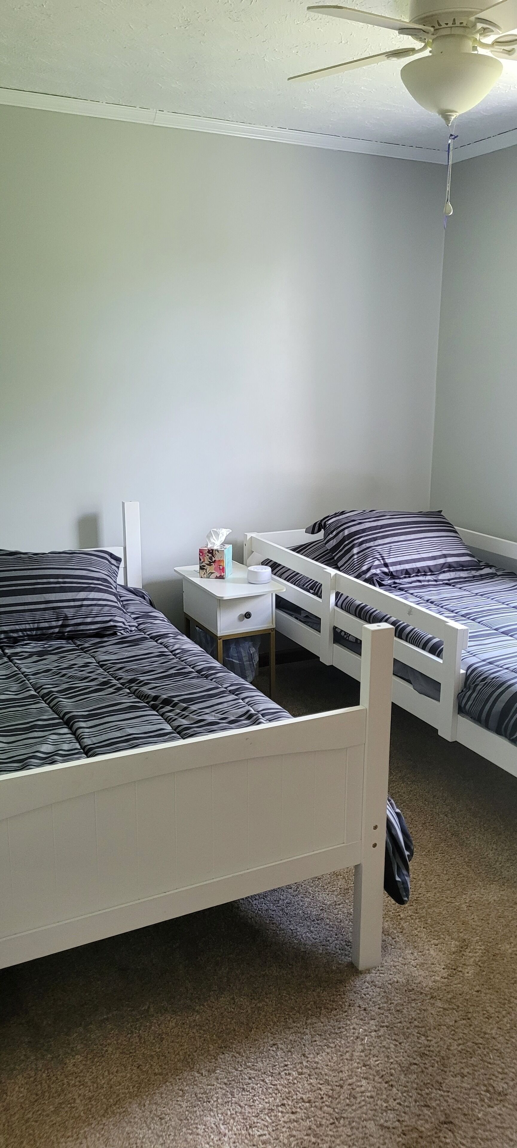 A room with two single beds, a white nightstand with a tissue box, and a ceiling fan.