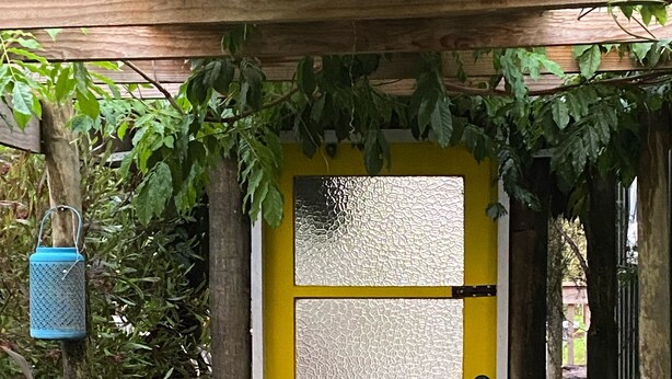 Una puerta amarilla con un panel de vidrio esmerilado, rodeada de follaje y un farol colgante.