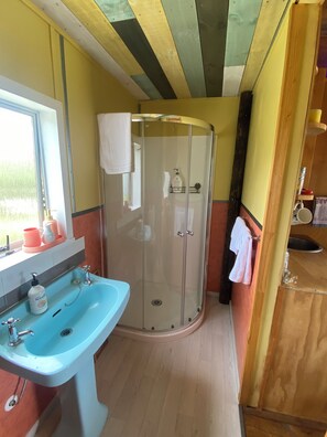 Shower, towels, soap, toilet paper