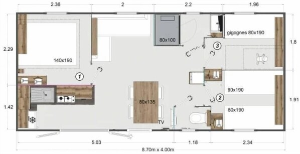 A floor plan of a hotel room with a kitchenette, a bathroom, and a living area. - ZEcamping 3* piscine club enfant locatif TV 32m2 6 pers (Nailloux)