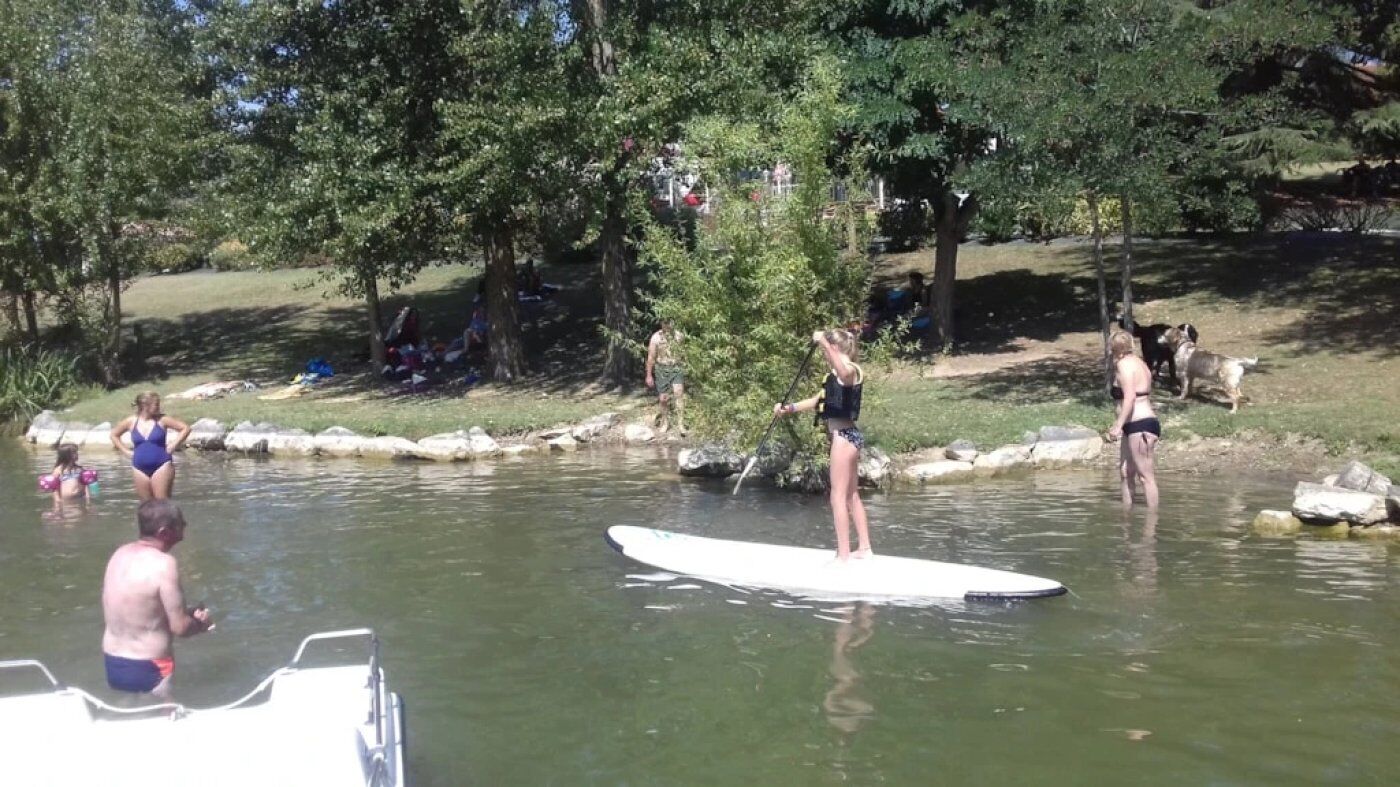 Een groep mensen staat op paddleboards op een rustige rivier, omringd door bomen.