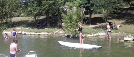 Een groep mensen staat op paddleboards op een rustige rivier, omringd door bomen.
